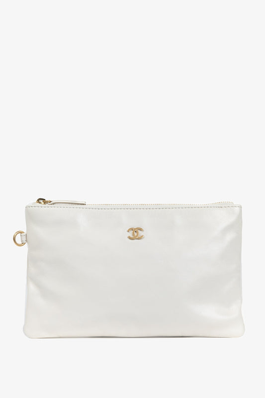 Chanel White Shiny Calfskin Logo Pouch Clutch