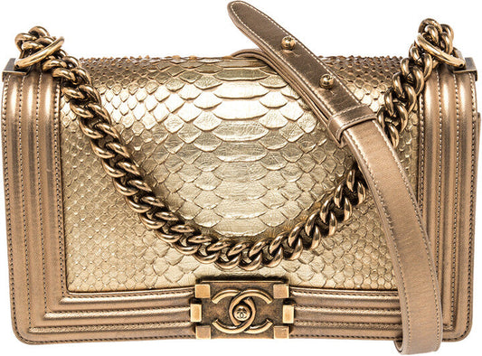 CHANEL METALLIC GOLD PYTHON LEATHER MEDIUM BOY FLAP BAG