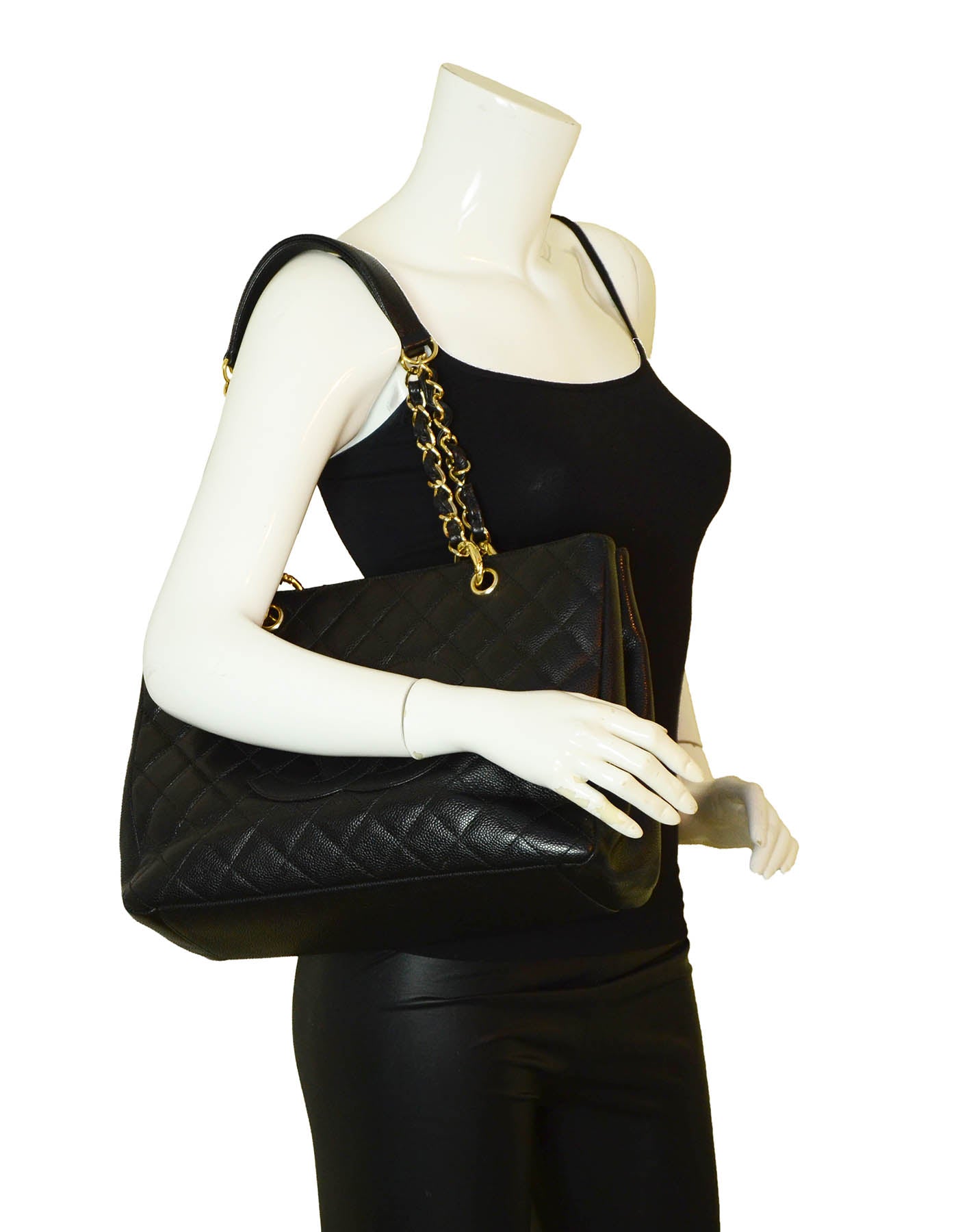 Chanel Black Caviar Leather Quilted Grand Shopper Tote GST Bag