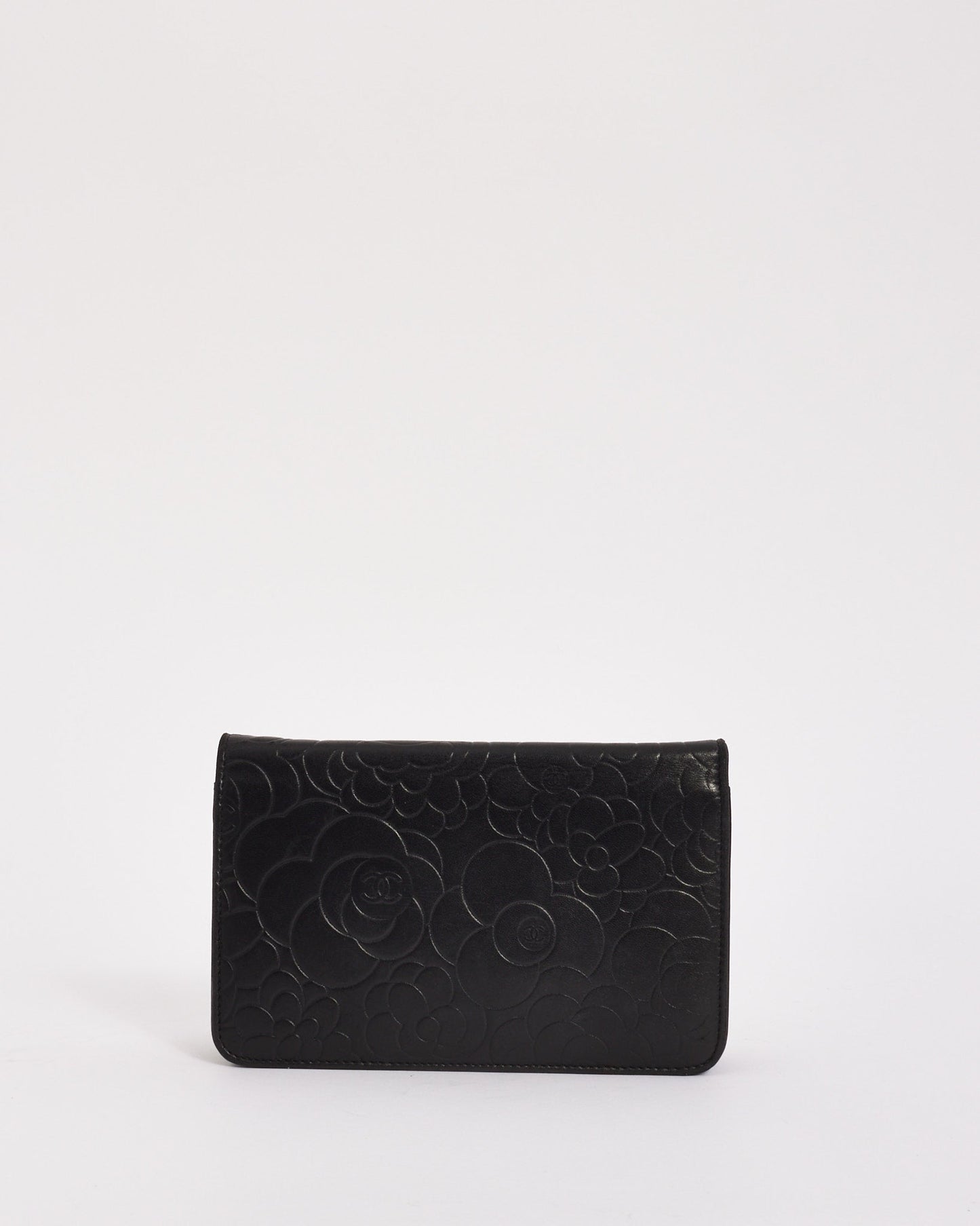 Chanel Black Lambskin Leather Camellia Embossed Wallet on Chain