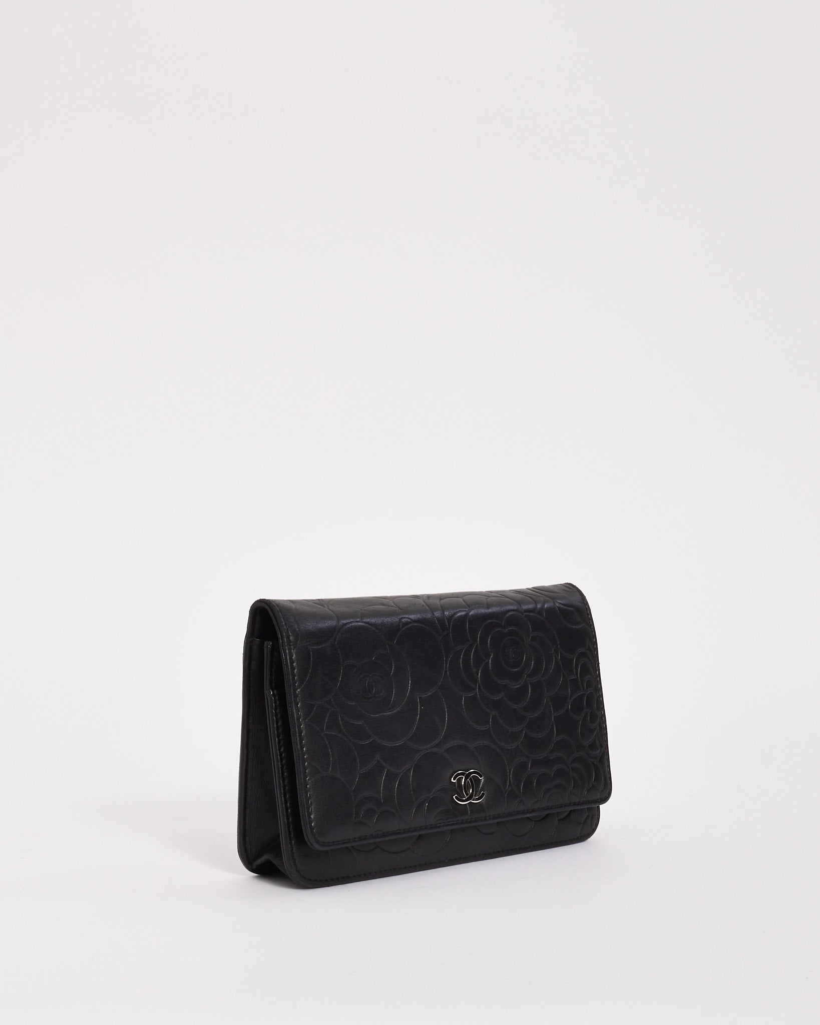 Chanel Black Lambskin Leather Camellia Embossed Wallet on Chain