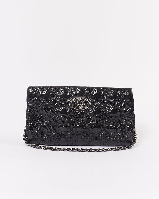Chanel Black Patent Camellia Flower Pochette Chain Shoulder Bag