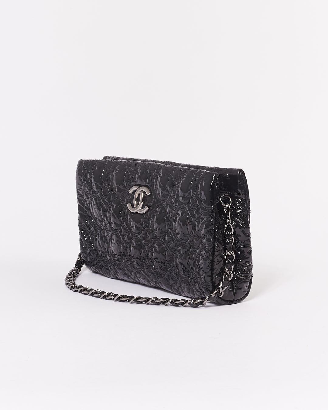 Chanel Black Patent Camellia Flower Pochette Chain Shoulder Bag