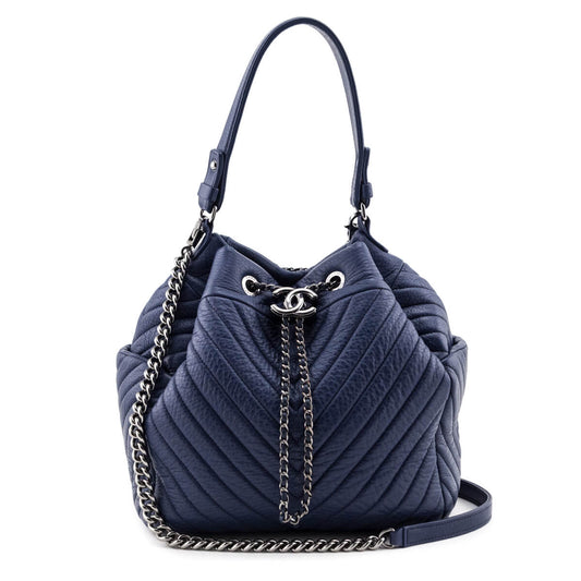 Chanel Blue Quilted Deerskin Chevron Medium Chain Bucket Bag