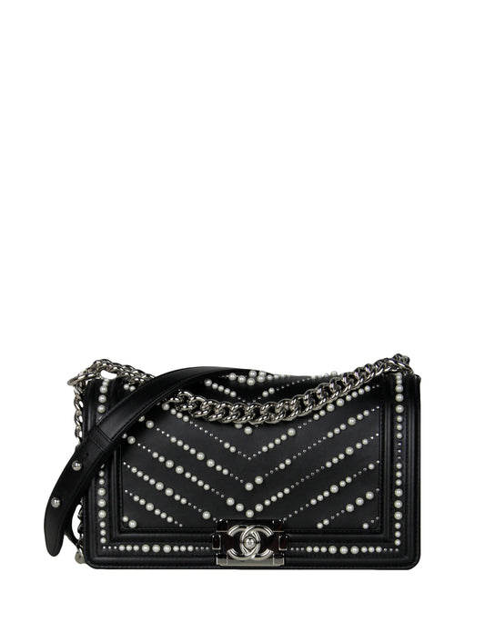 Chanel Black Calfskin Leather Chevron Pearl Boy Bag