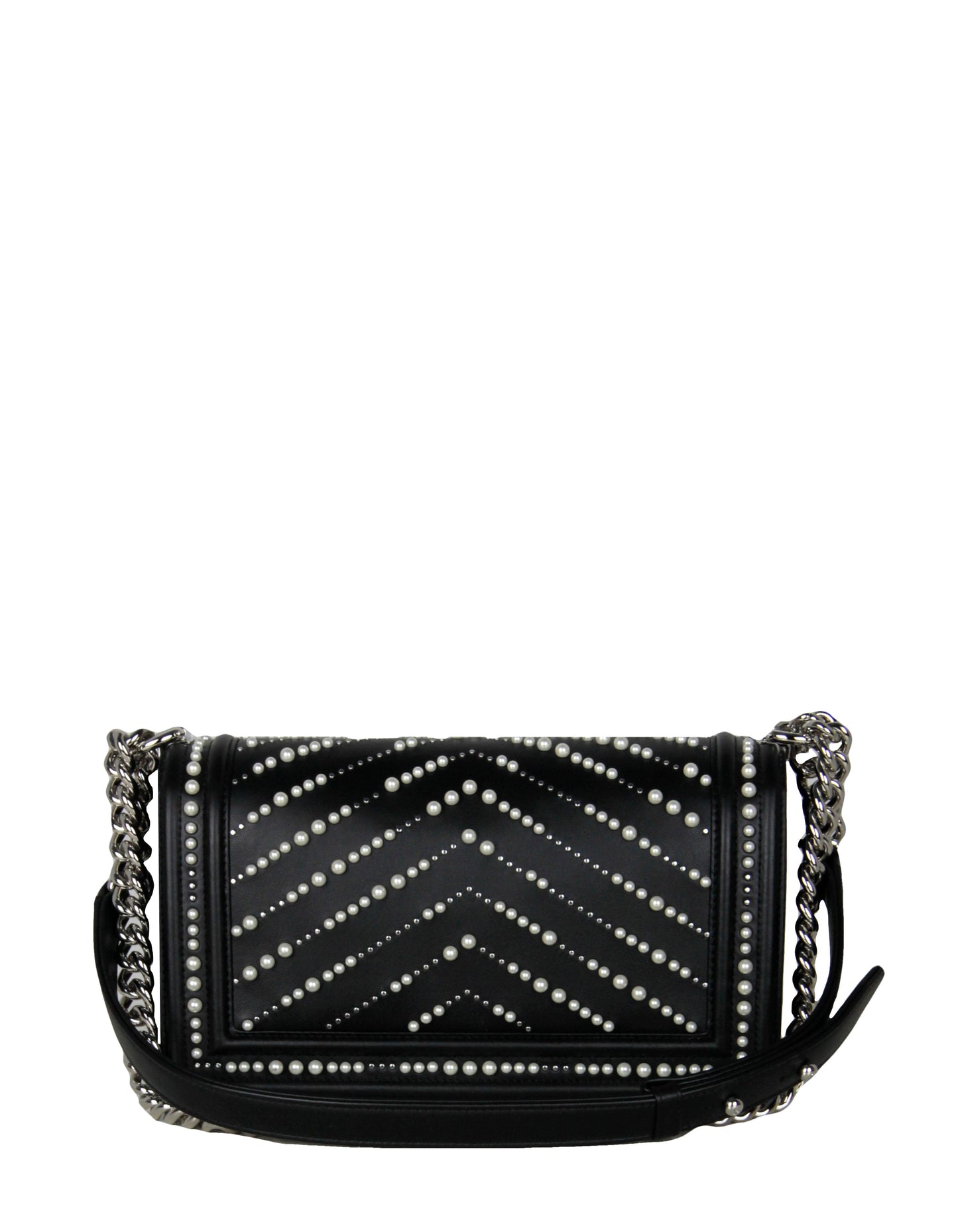 Chanel Black Calfskin Leather Chevron Pearl Boy Bag