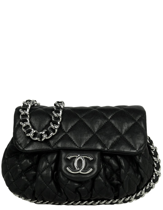 Chanel Black Washed Lambskin Quilted Mini Chain Around Flap Bag