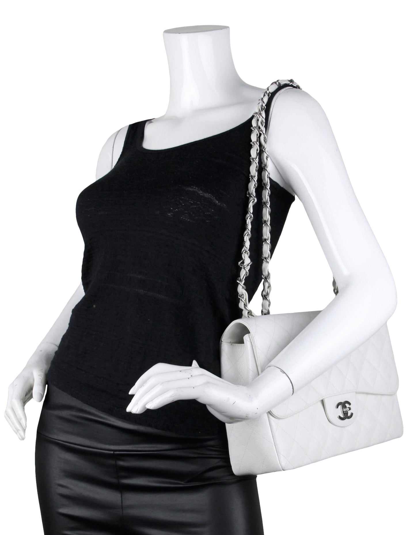 Chanel White Caviar Leather Quilted Single Flap Jumbo Classic Bag