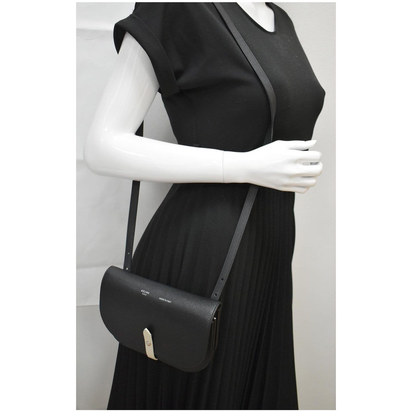 CELINE Grained Leather Strap Clutch Bag Black