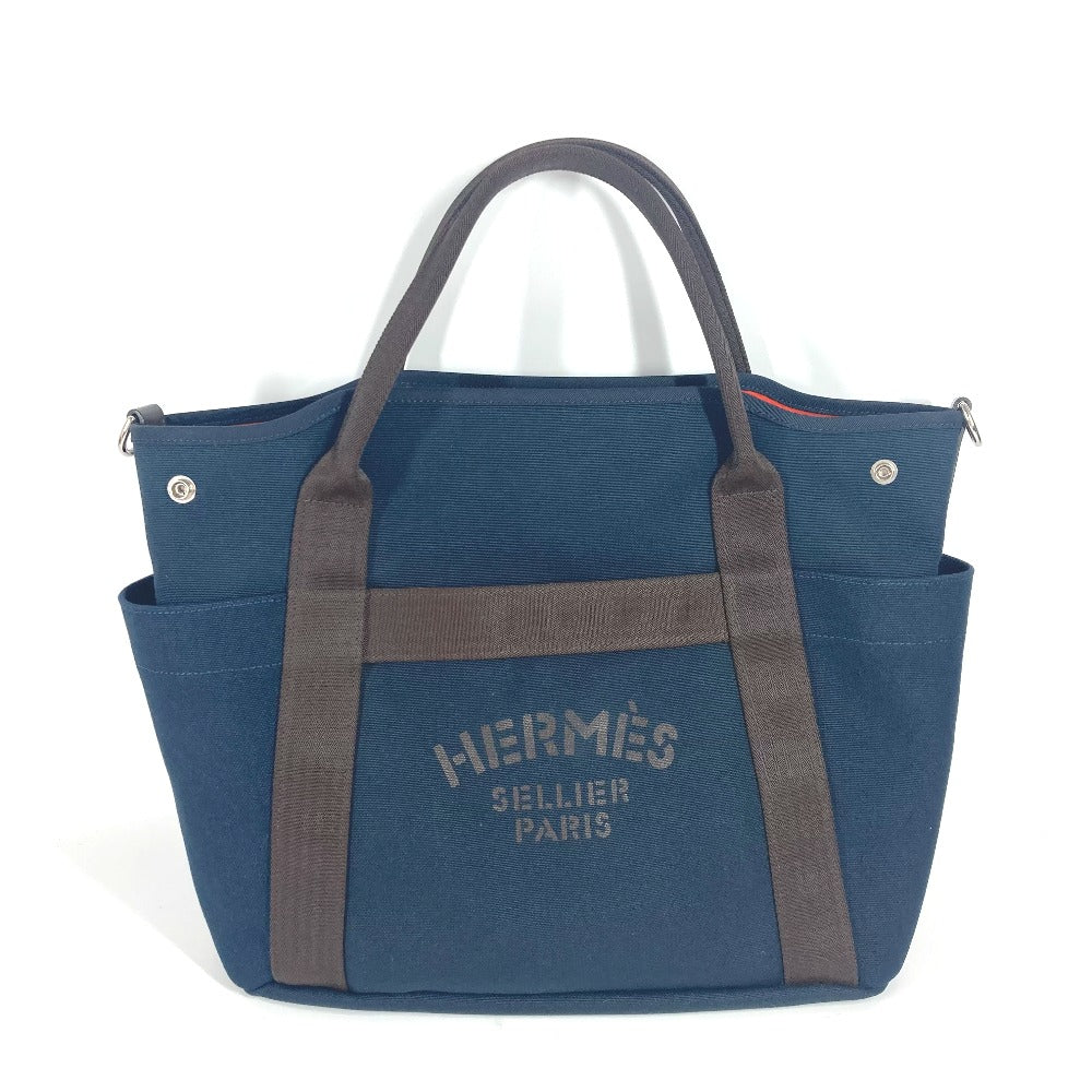 HERMES Tote Bag Leather / canvas Navy With bag-in-bag Sucked Pansage Groom