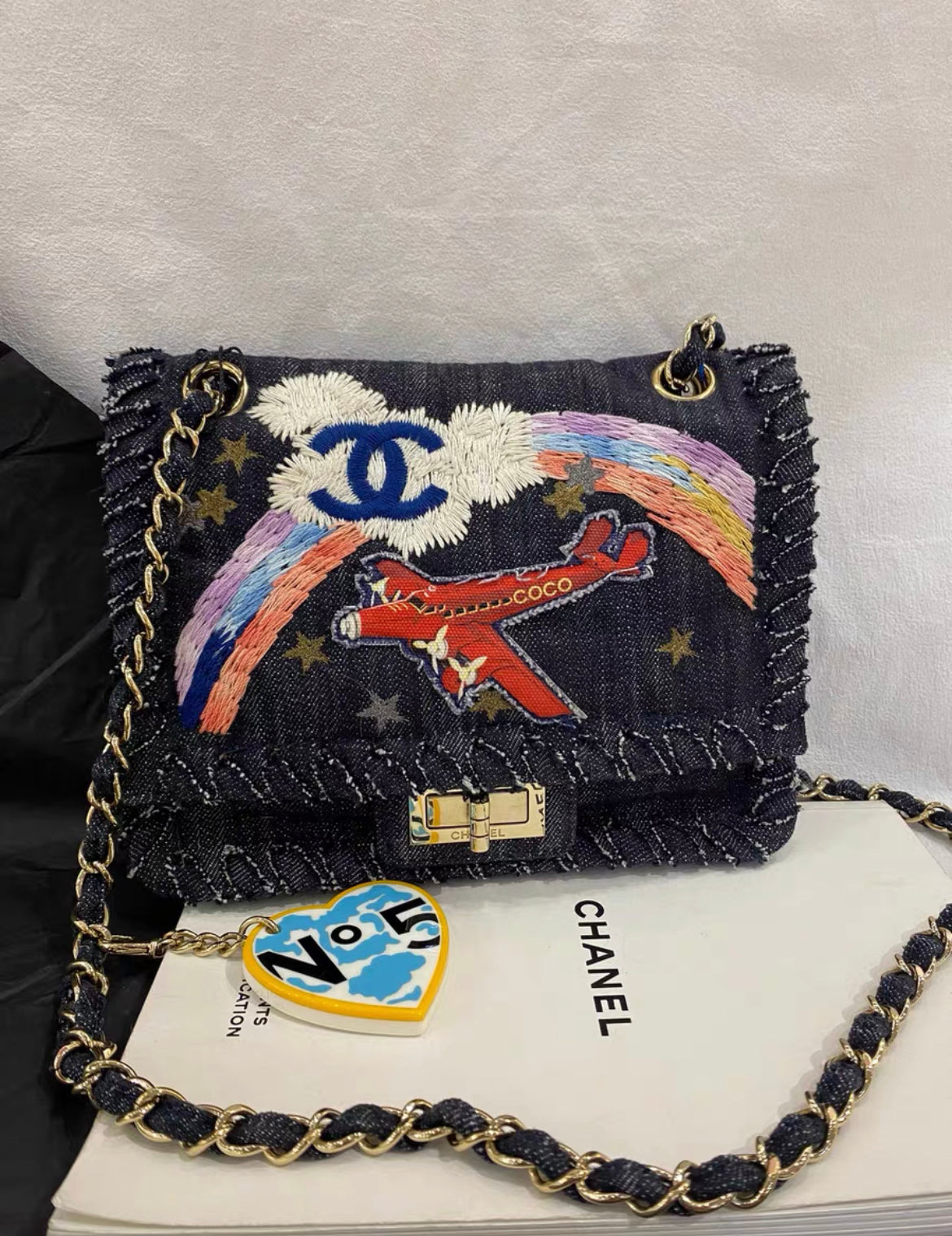CHANEL 2006 NIGHT FLIGHT DENIM REISSUE AIRPLANE RAINBOW BAG 24K GHW