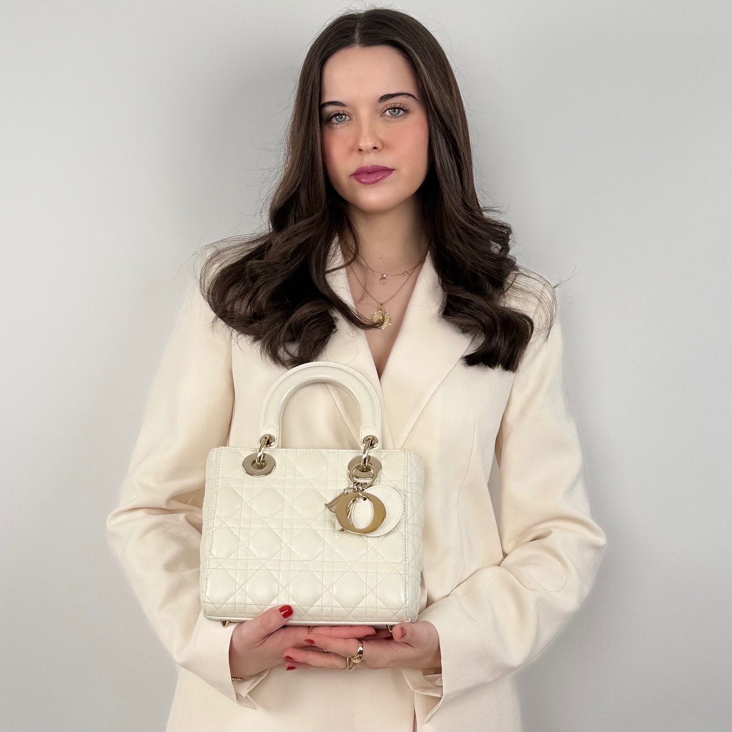 Christian Dior White Small Lady Dior Bag in Cannage Lambskin Leather with Gold Hardware 2020