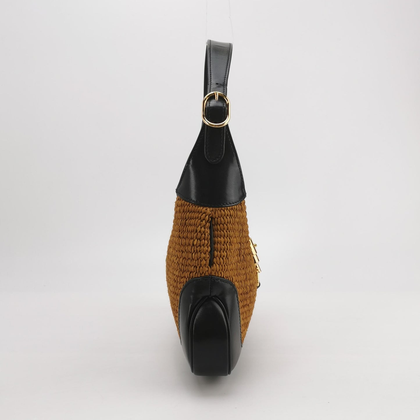 Gucci Jackie 1961 Beige Camel Wicker Bag Black Leather Gold Hardware Leather Strap