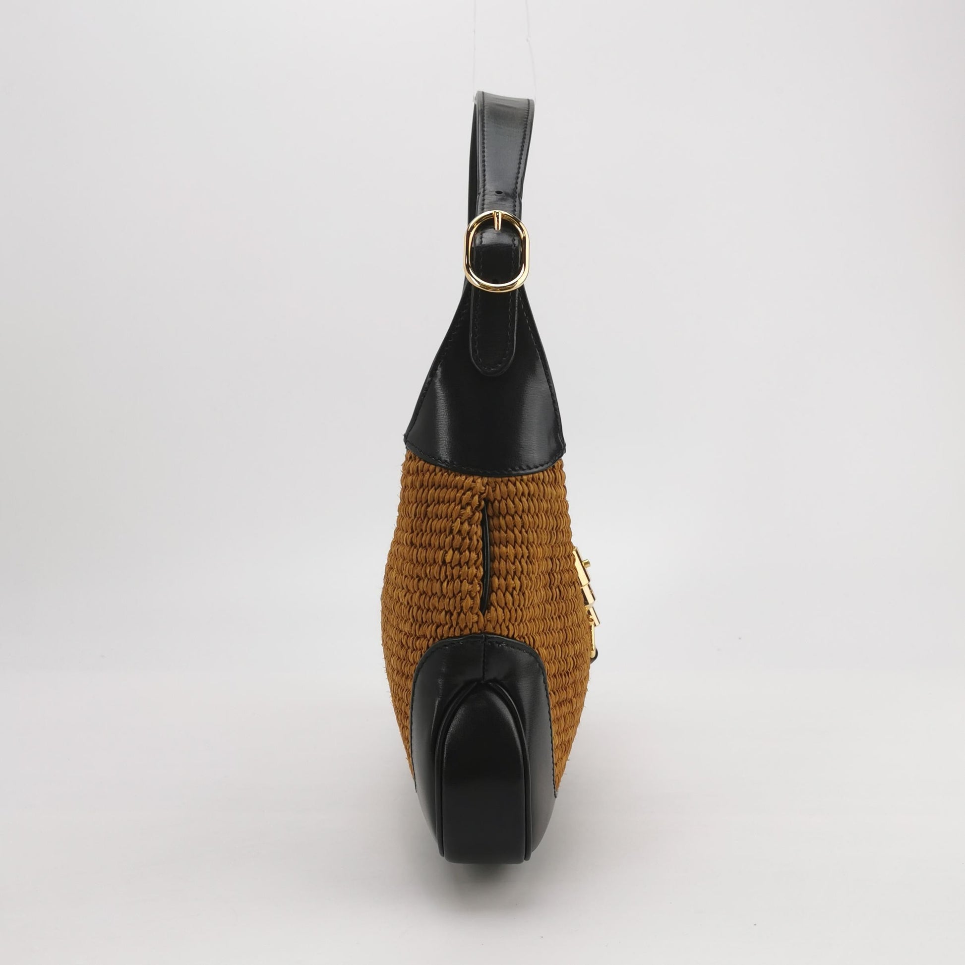 Gucci Jackie 1961 Beige Camel Wicker Bag Black Leather Gold Hardware Leather Strap