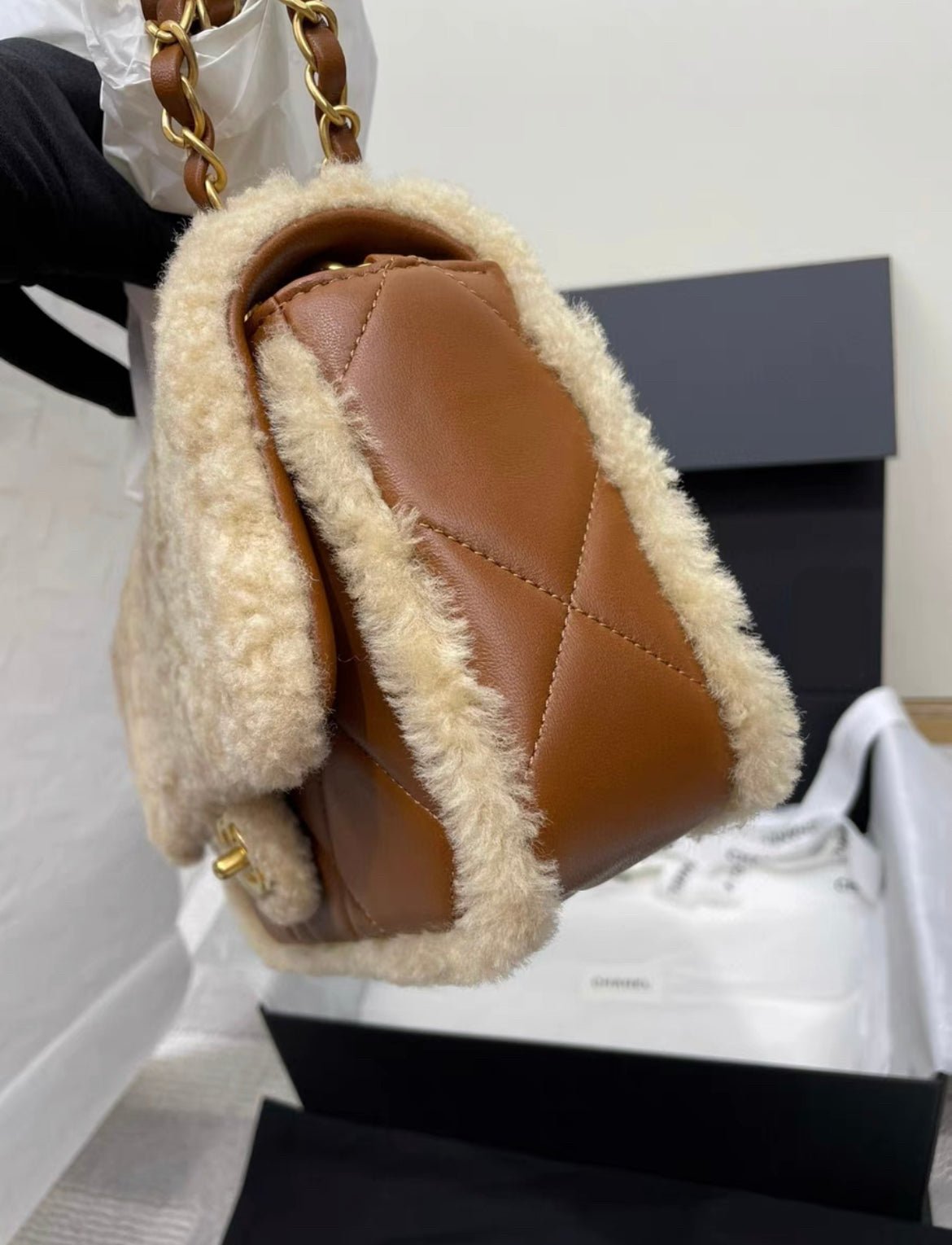 Chanel 24 FLAP BAG Shearling Lambskin & Gold-Tone Metal Beige & Brown