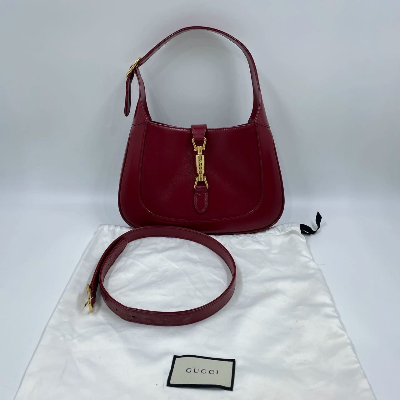 Gucci Jackie 1961 Red Burgundy Leather Bag Small with Adjustable Strap Gold Piston Lock