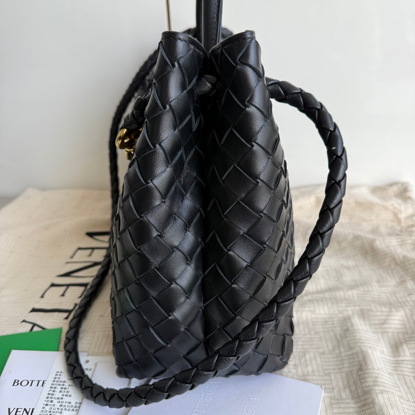 Bottega Veneta Andiamo Medium Black Intrecciato Leather Handbag