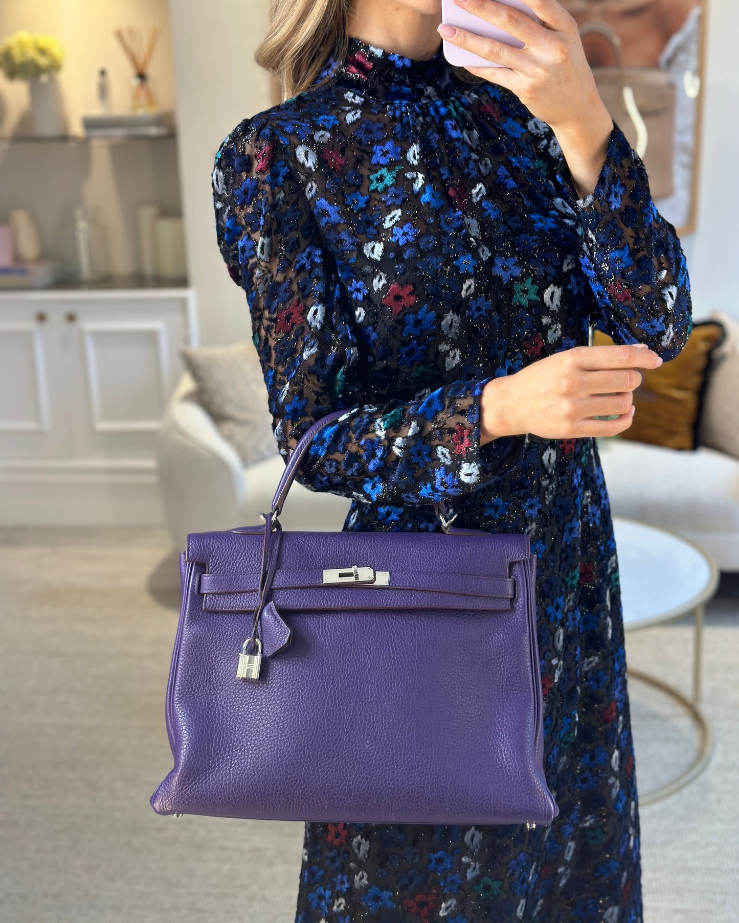 Hermes Kelly 35 Retourne Bag in Iris Togo Leather with Palladium Hardware