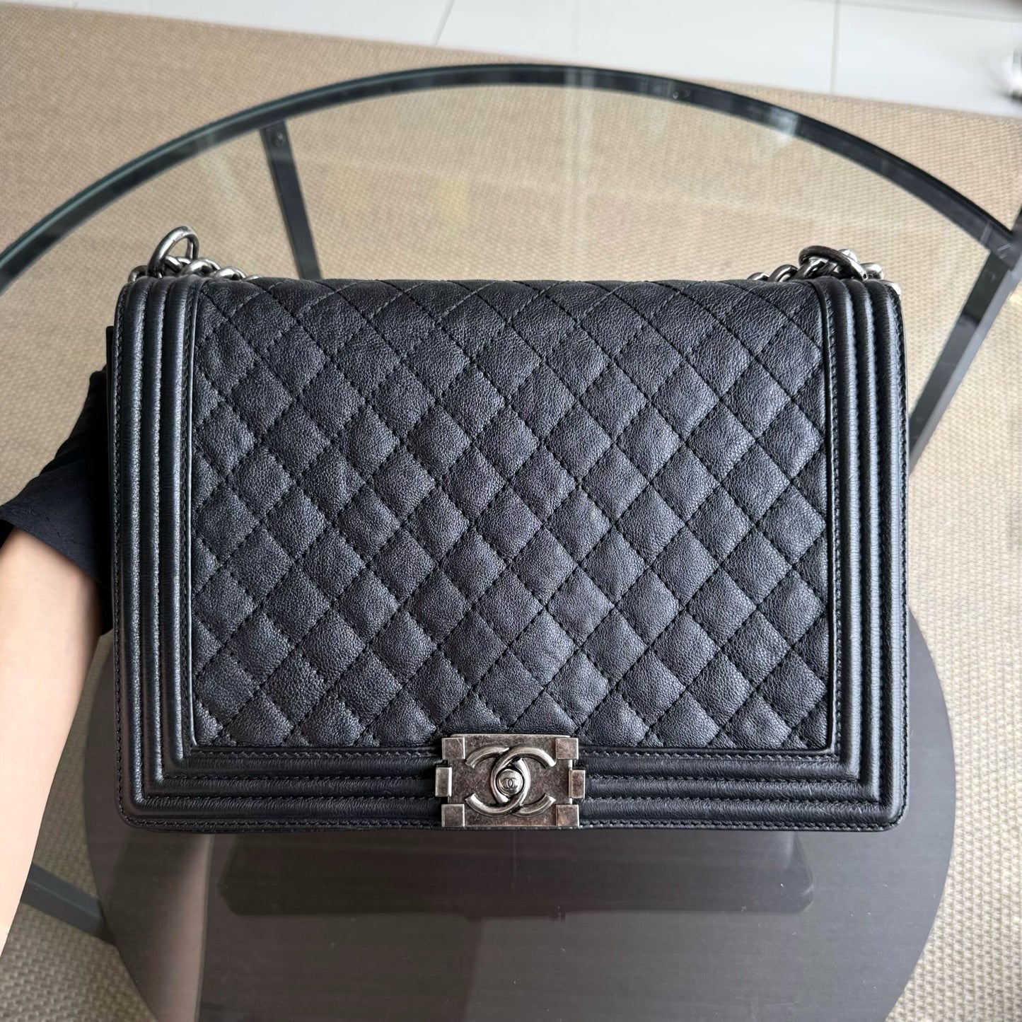 Chanel Boy Large - Quilted Grained Calfskin Black Silver Hardware Series 18