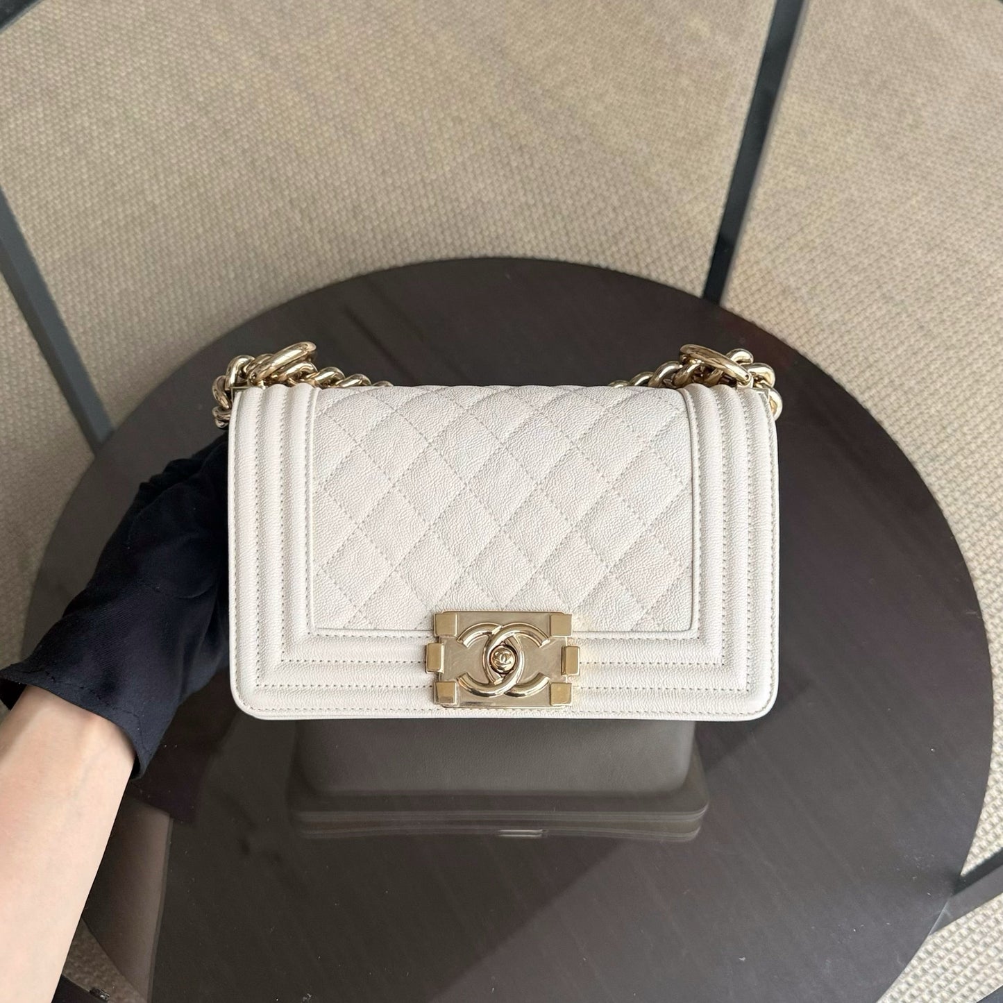 Chanel Boy Small - Caviar Quilted Cream White Gold Hardware 27