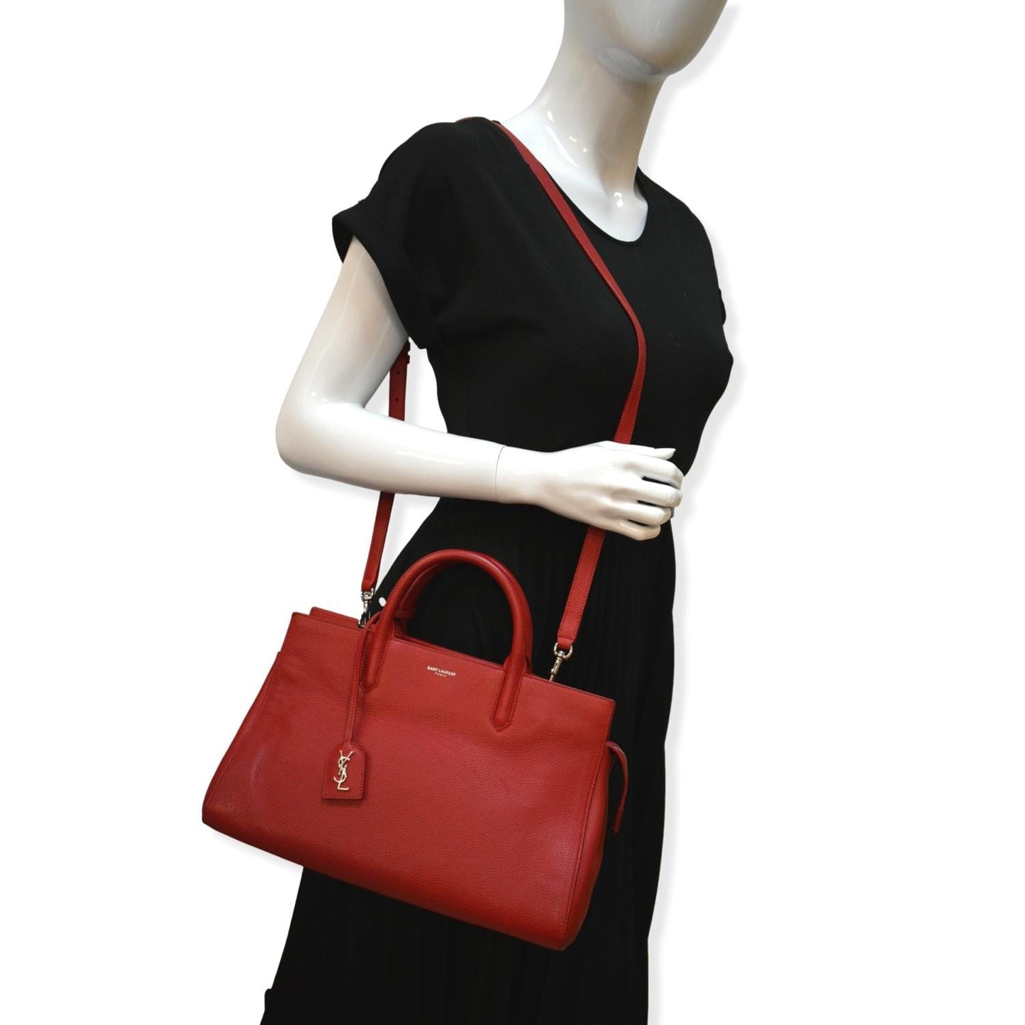 SAINT LAURENT Cabas Rive Gauche Leather Small Satchel Bag Red