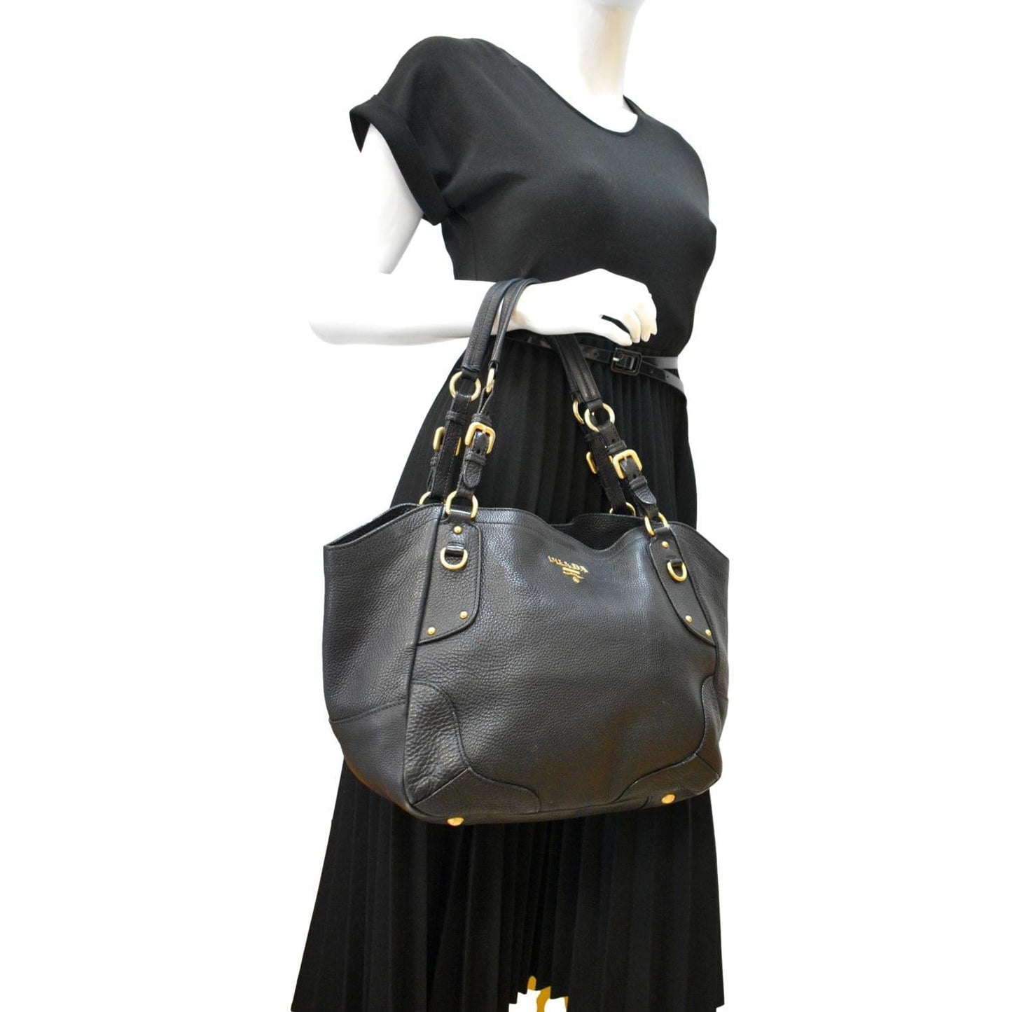 PRADA Vitello Daino Pebbled Leather Tote Bag Black