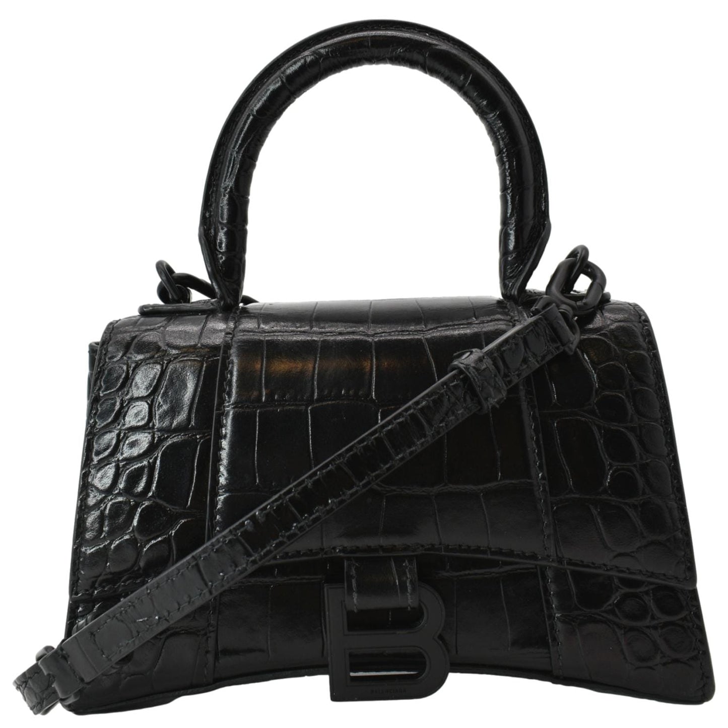 BALENCIAGA Hourglass Leather Tote Crossbody Bag Black