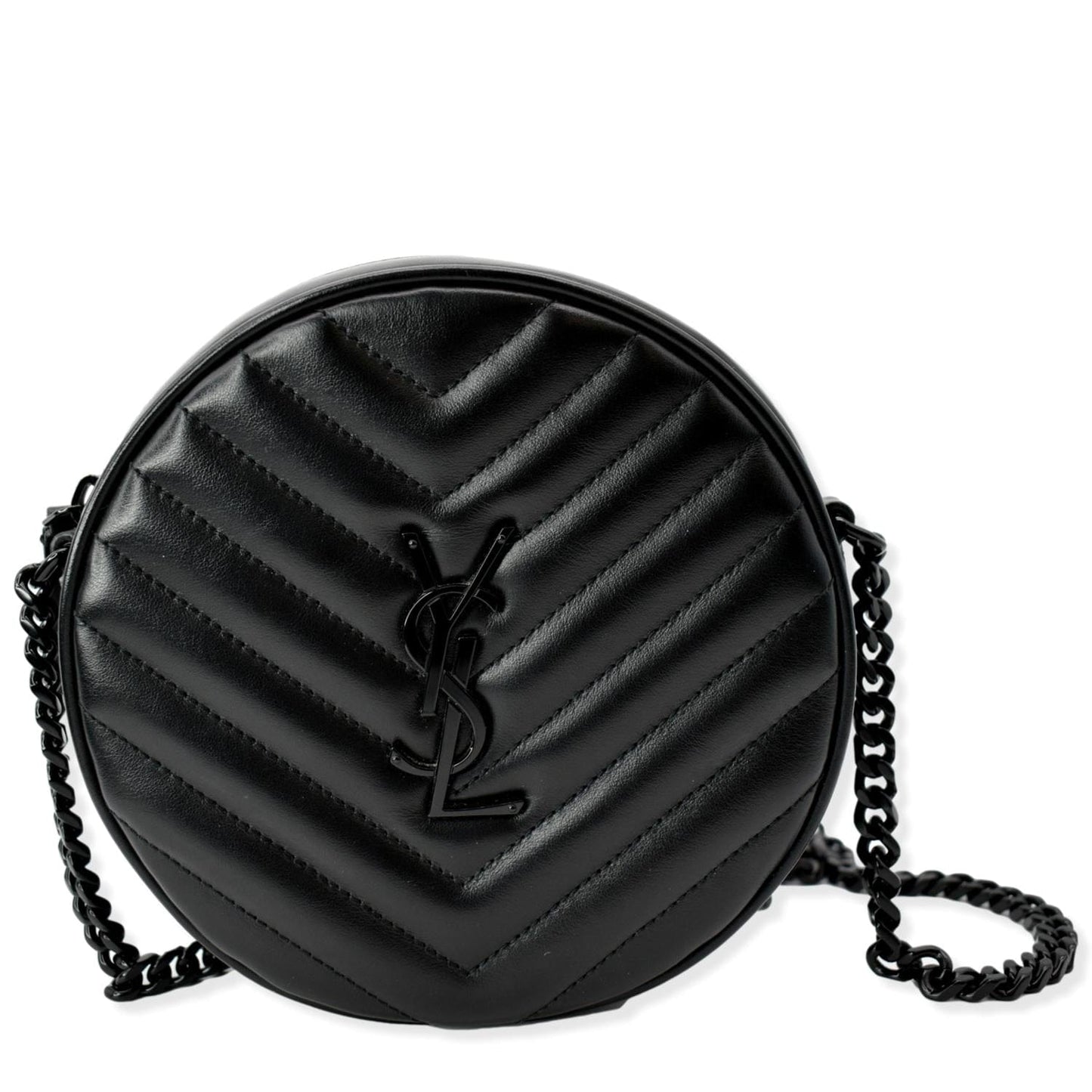 SAINT LAURENT Vinyle Round Chevron Leather Camera Crossbody Bag Black