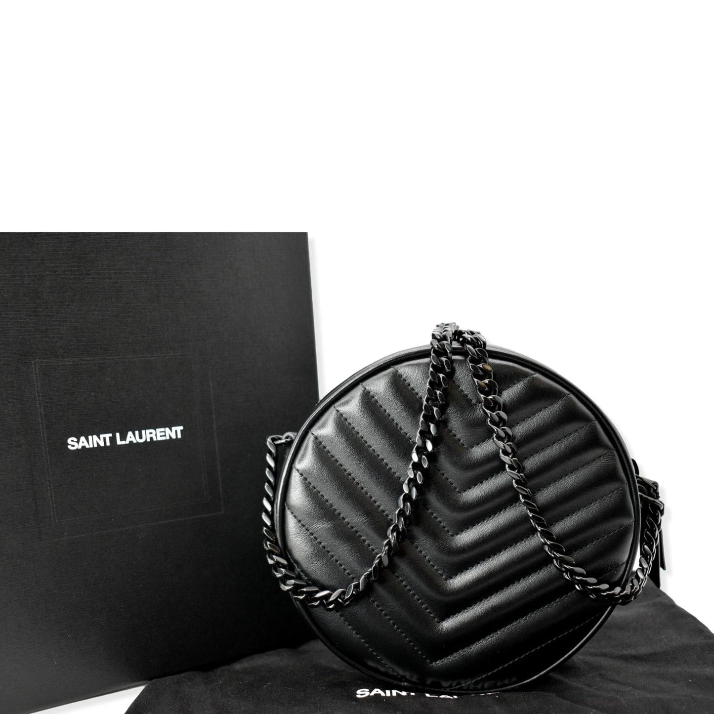 SAINT LAURENT Vinyle Round Chevron Leather Camera Crossbody Bag Black