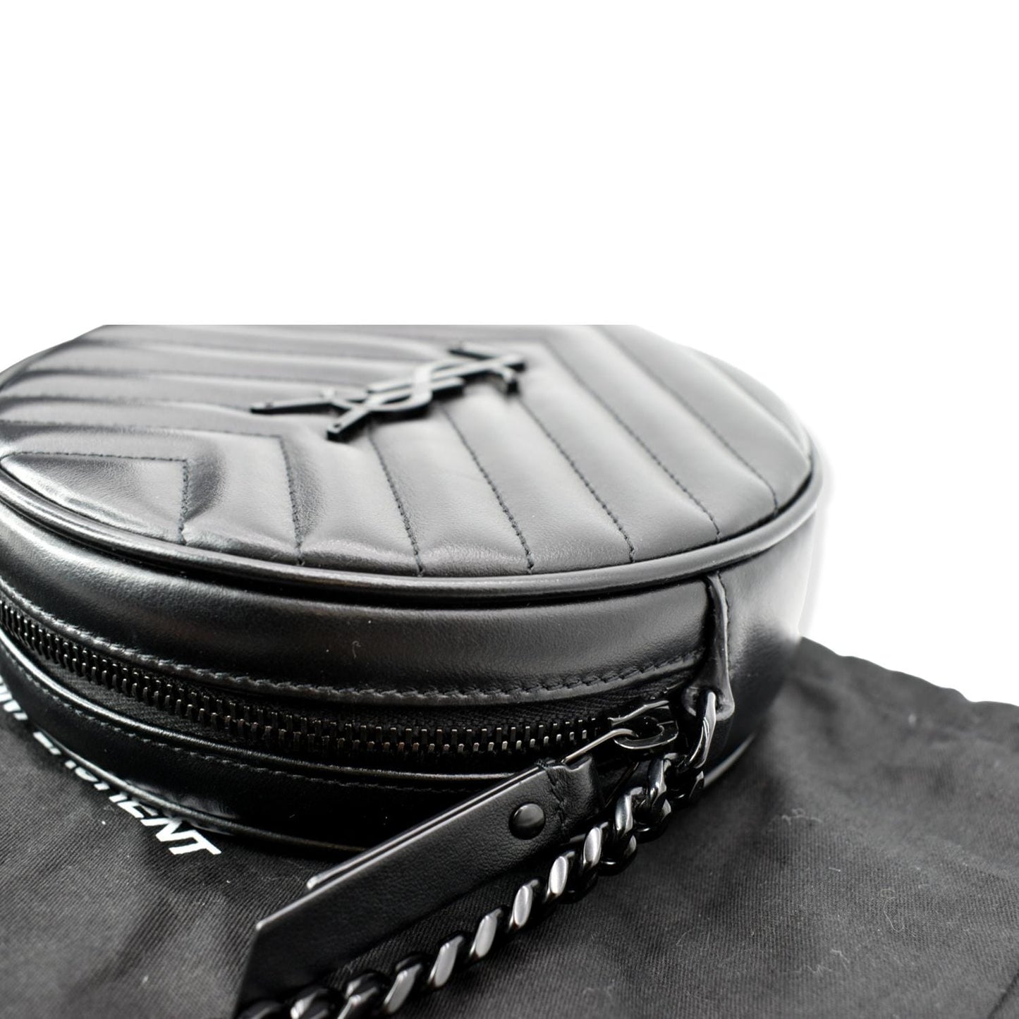 SAINT LAURENT Vinyle Round Chevron Leather Camera Crossbody Bag Black