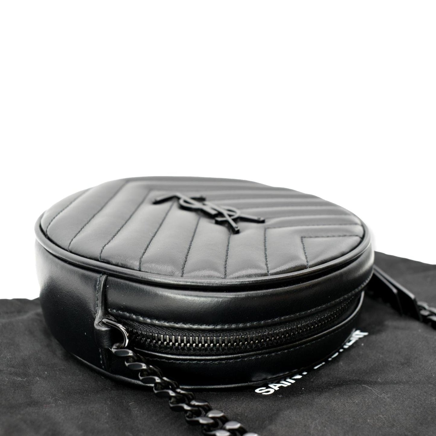 SAINT LAURENT Vinyle Round Chevron Leather Camera Crossbody Bag Black