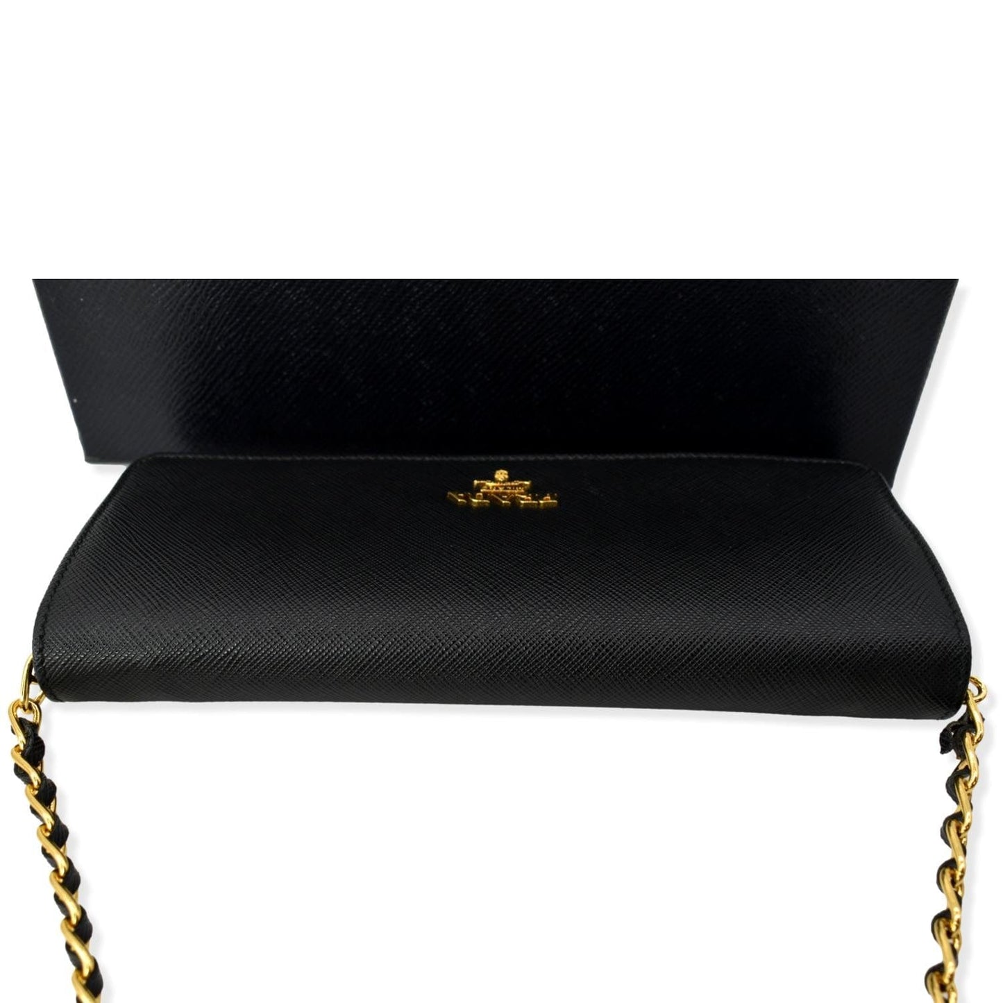 PRADA Saffiano Leather Wallet on Chain Clutch Crossbody Bag Black