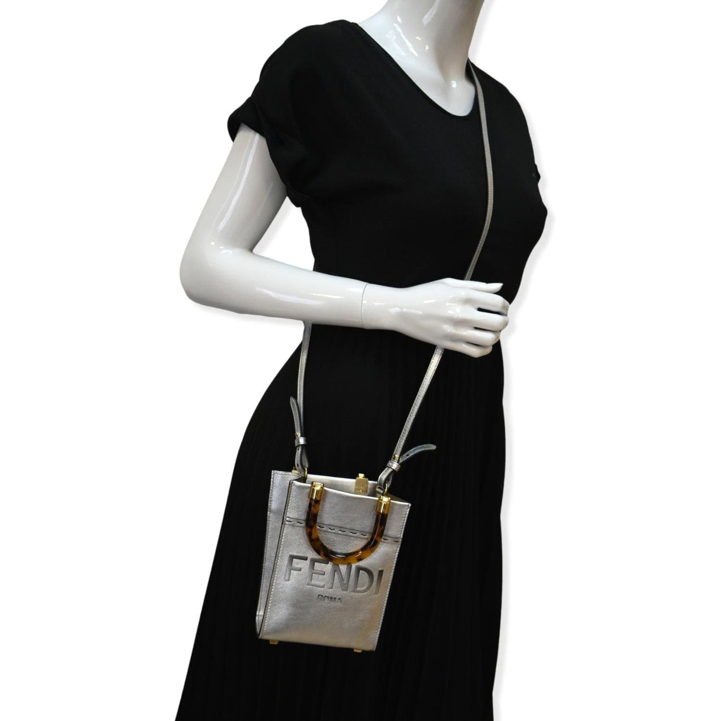 FENDI Mini Sunshine Plexiglass Laminated Leather Shopper Tote Crossbody Bag Silver - Hot Deals