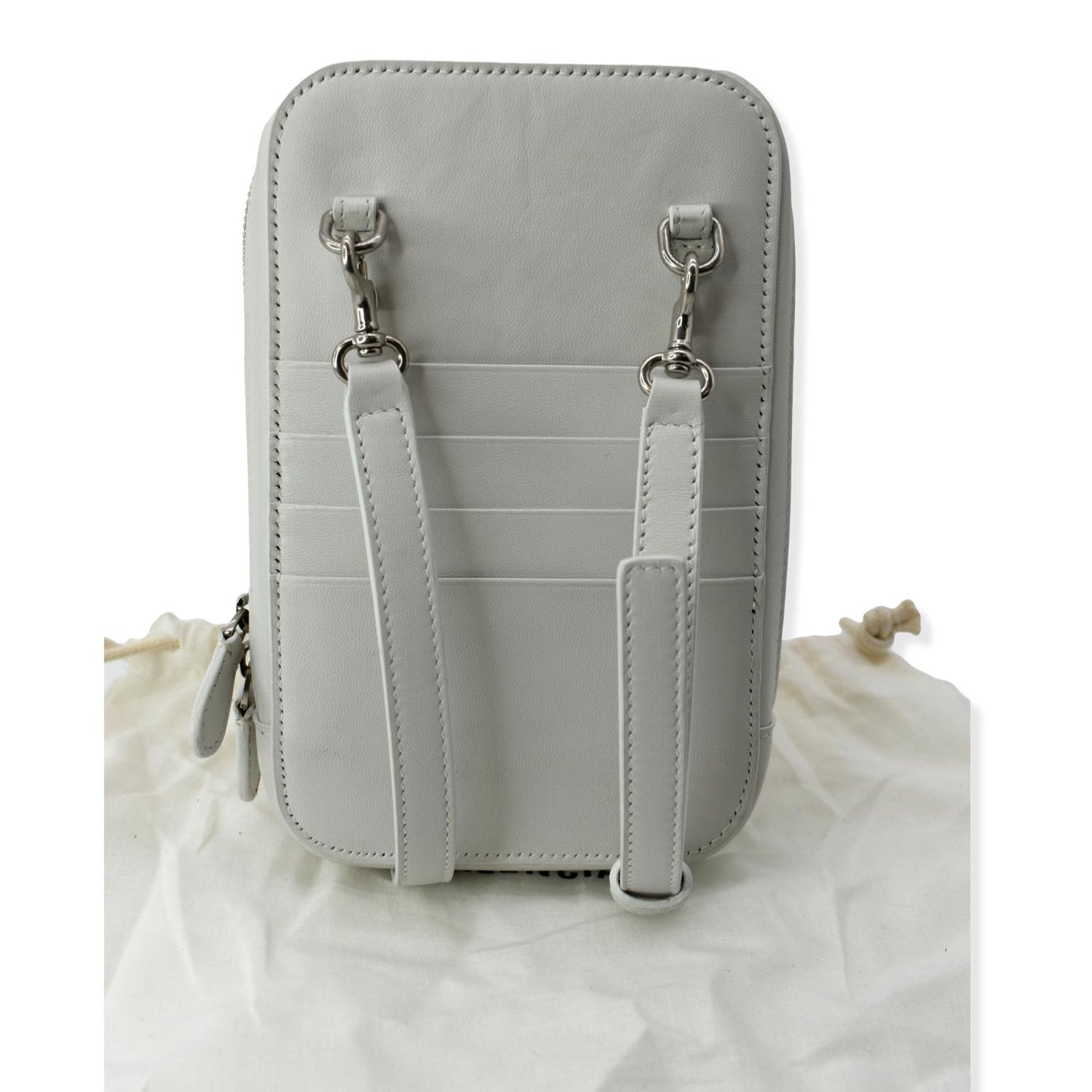 BALENCIAGA Logo Print Leather Strap Cash Phone Holder White
