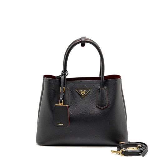 Prada Medium Saffiano Cuir Tote Purse Leather Black/Fuoco
