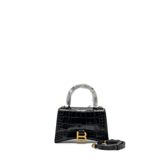 Balenciaga Hourglass Handbag Crocodile Embossed Black