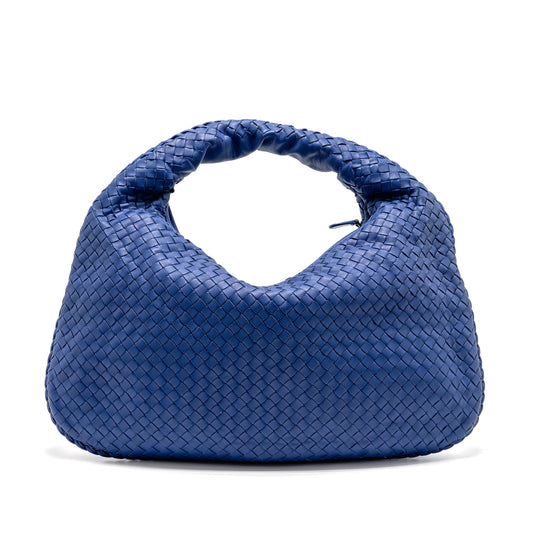 Bottega Veneta Intercciato Hobo Purse Lambskin Dark Blue