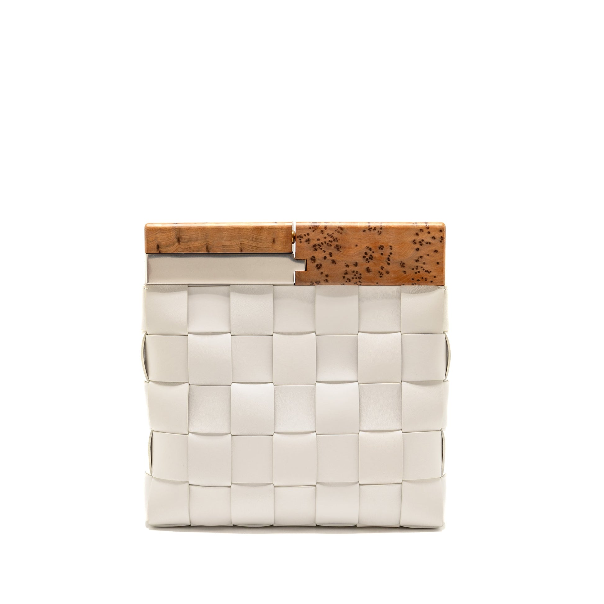 Bottega Veneta Cream Snap Clutch Purse Calfskin/Wood White Multicolour Hardware