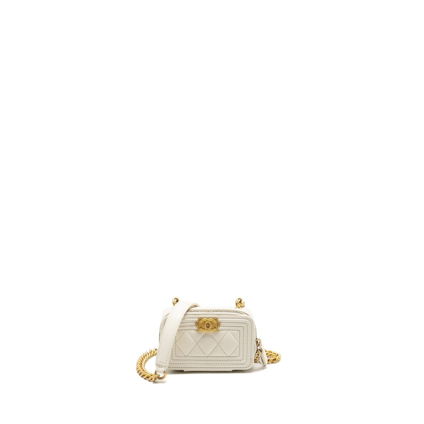 Chanel Boy Chain Clutch Caviar White GHW Microchip