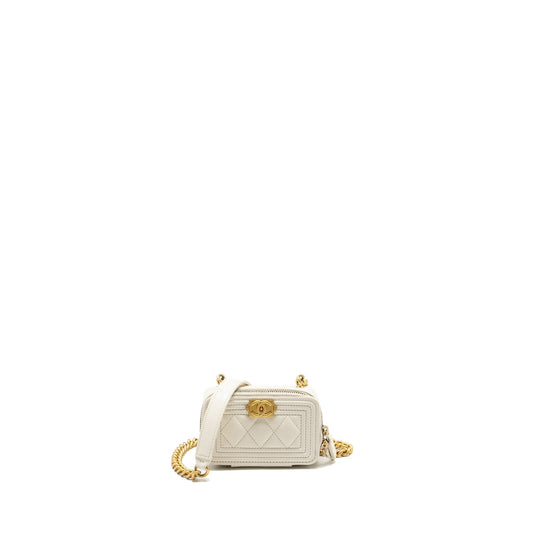 Chanel Boy Chain Clutch Caviar White GHW Microchip