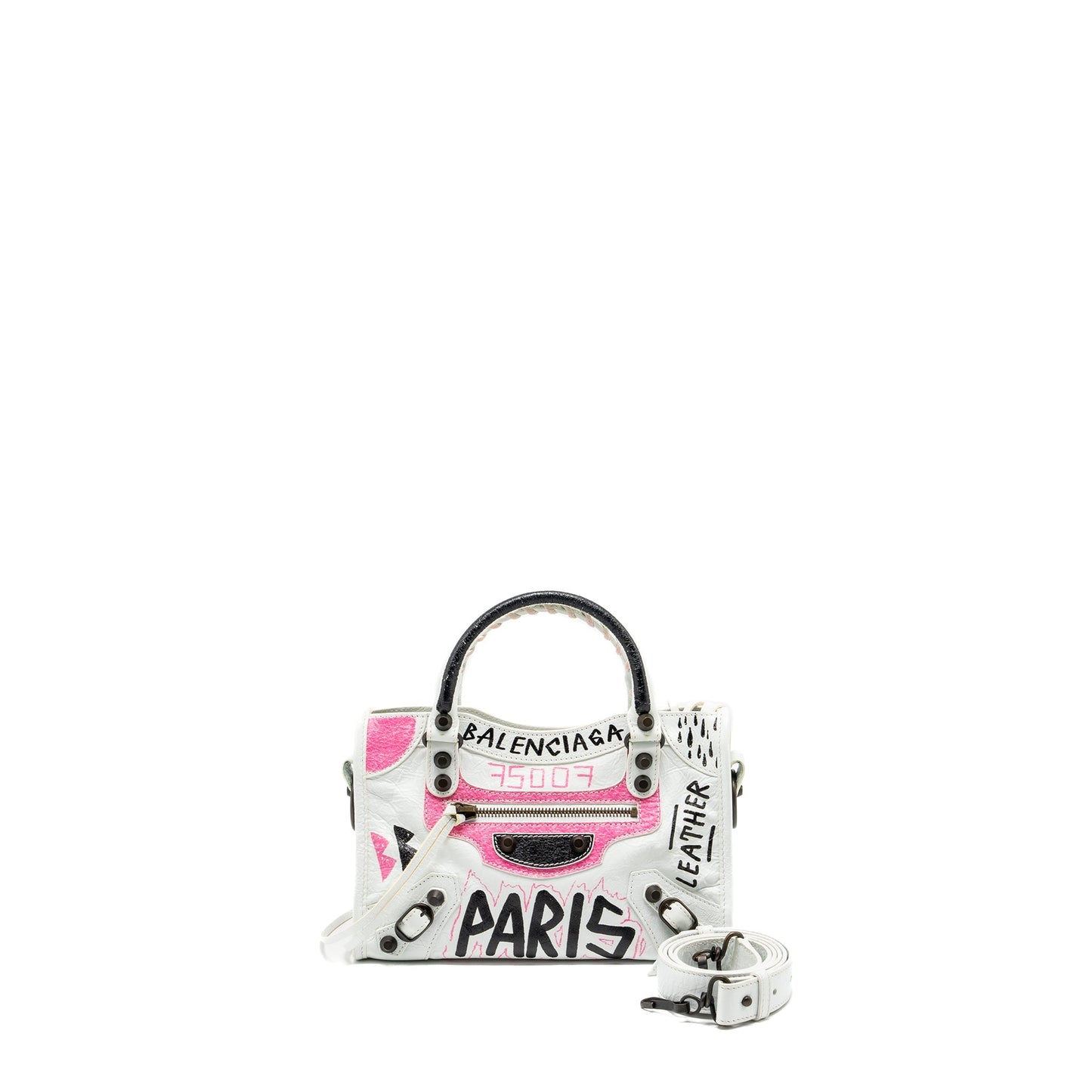 Balenciaga City Graffiti Classic Studs Purse leather white / pink/ black with black hardware