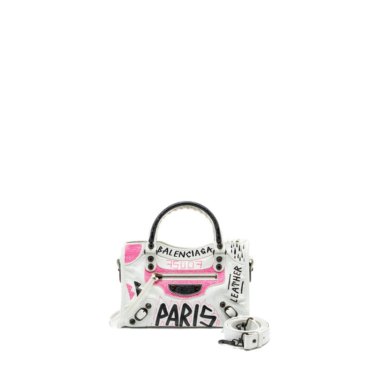 Balenciaga City Graffiti Classic Studs Purse leather white / pink/ black with black hardware