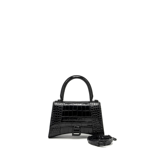 Balenciaga Hourglass S Crocodile-Embossed Calfskin So Black