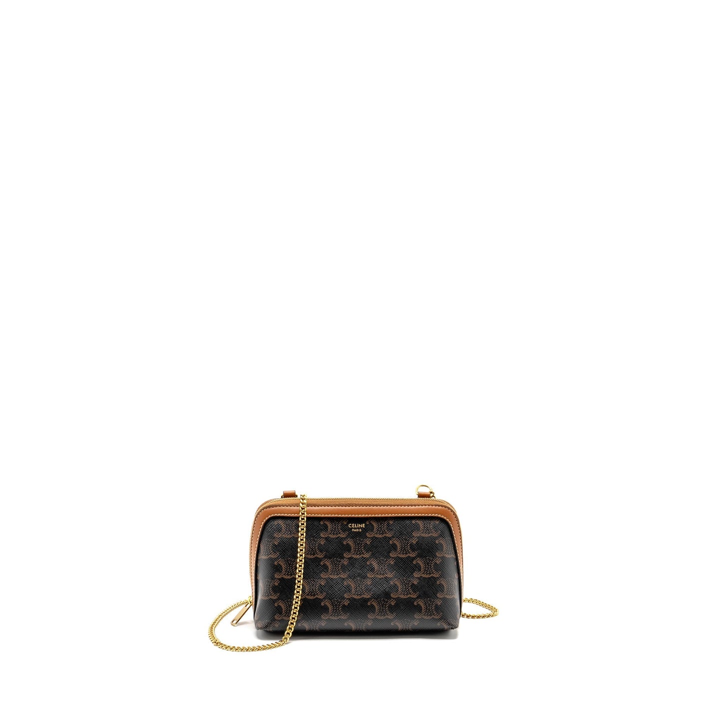 Celine Clutch With Chain in Triomphe Canvas / Lambskin Tan