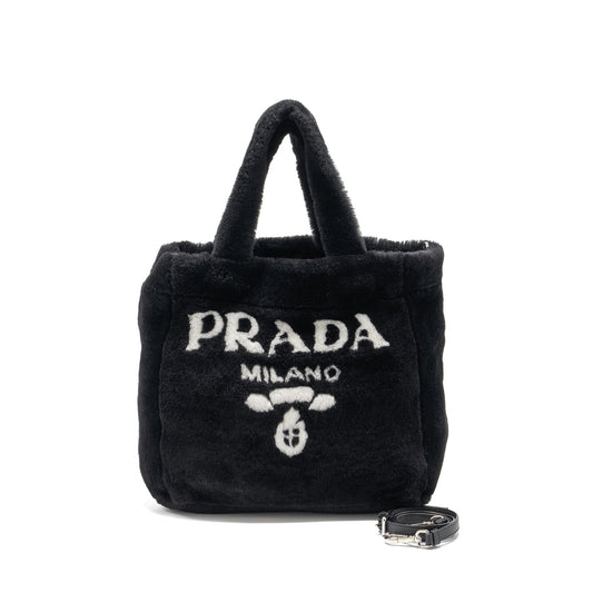 Prada Medium Tote Bag Shearling Black SHW