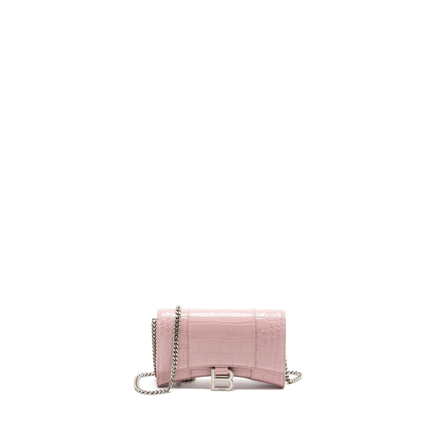 Balenciaga Hourglass Wallet on Chain Crocodile-Embossed Calfskin Pink
