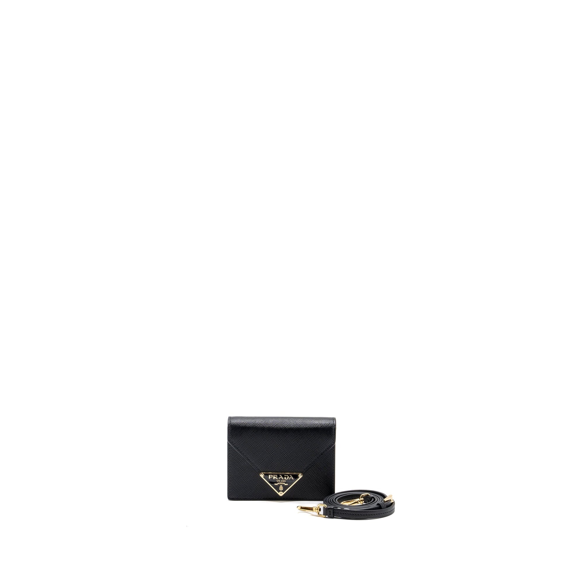 Prada Card Holder With Shoulder Strap Saffiano Leather Black