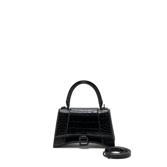 Balenciaga Hourglass S Crocodile-Embossed Calfskin So Black