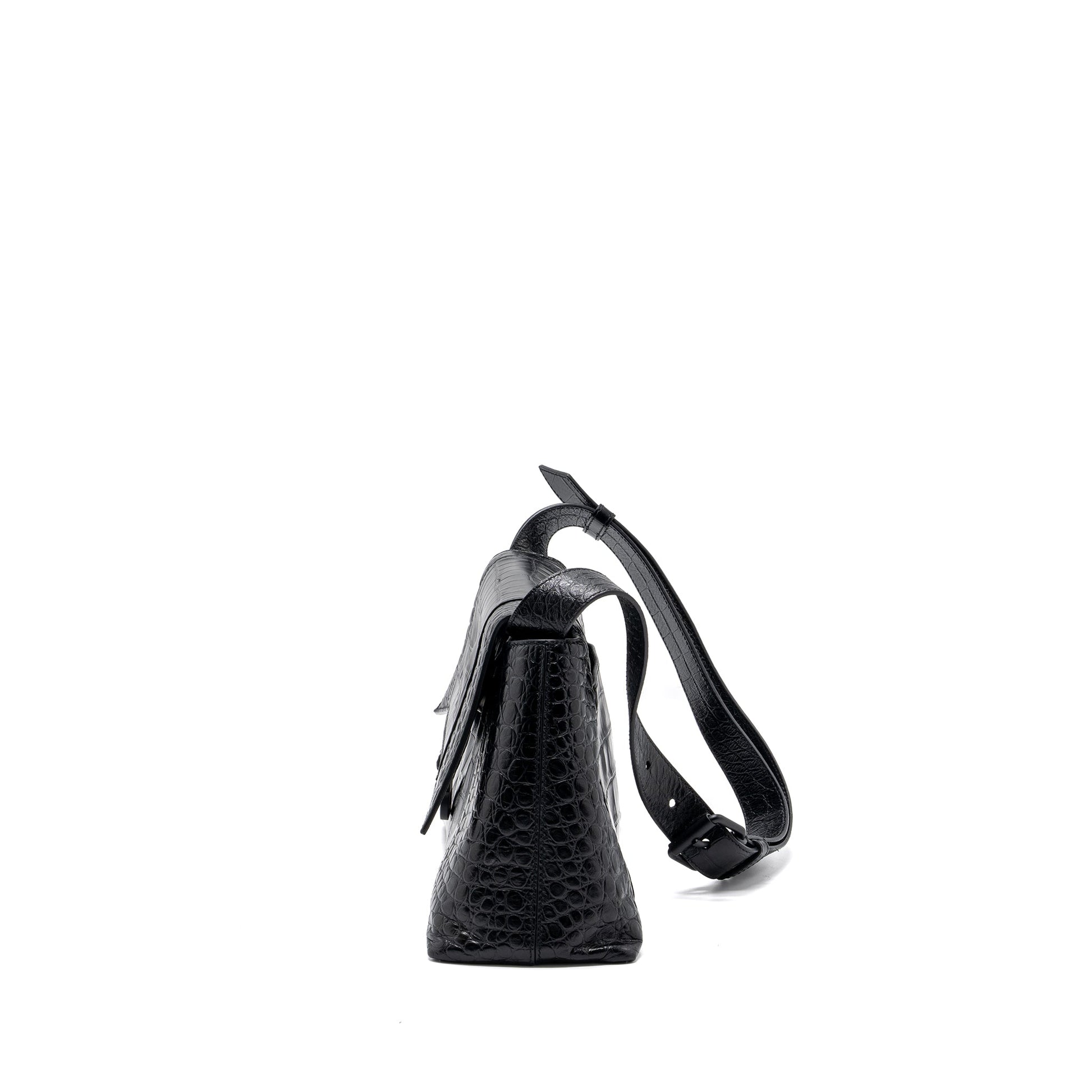 Balenciaga Downtown Small Shoudler Bag Crocodile Embossed Black with Black Hardware