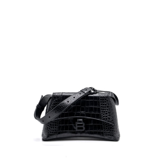 Balenciaga Downtown Small Shoudler Purse Crocodile Embossed Black with Black Hardware